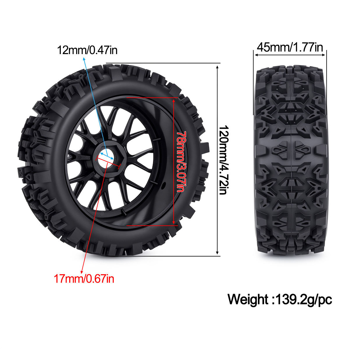 120MM 오프로드 RC 타이어 17mm 헥스 허브 1 - Yunshen Rc Hobby 리뷰 및 가격